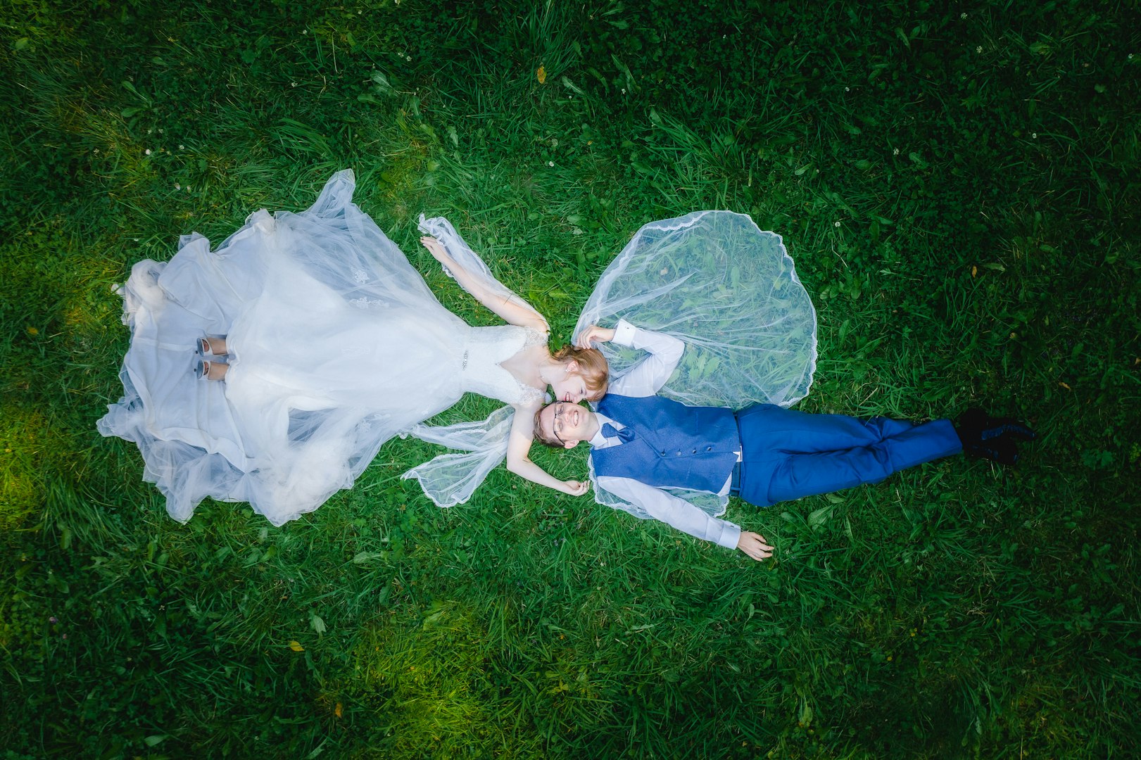 The bride and groom from above with a drone
