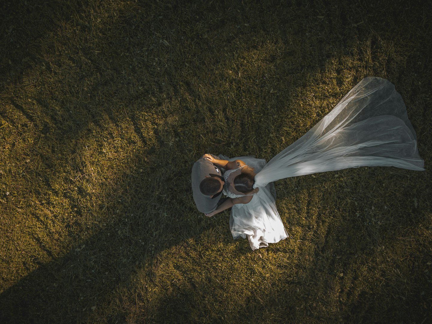 Wedding Bride and Groom with Veil from above